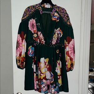 L'ATISTE Green Dress with Pink and Purple Floral Design